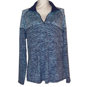 AVIA Striped Pullover Top Long Sleeves Zip Collar Shades of Blue Size 16/18